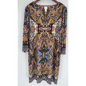 Chico's Victorian Kalidoscope Fall Gold Dress Long Sleeve Women's L (Vanity 2)